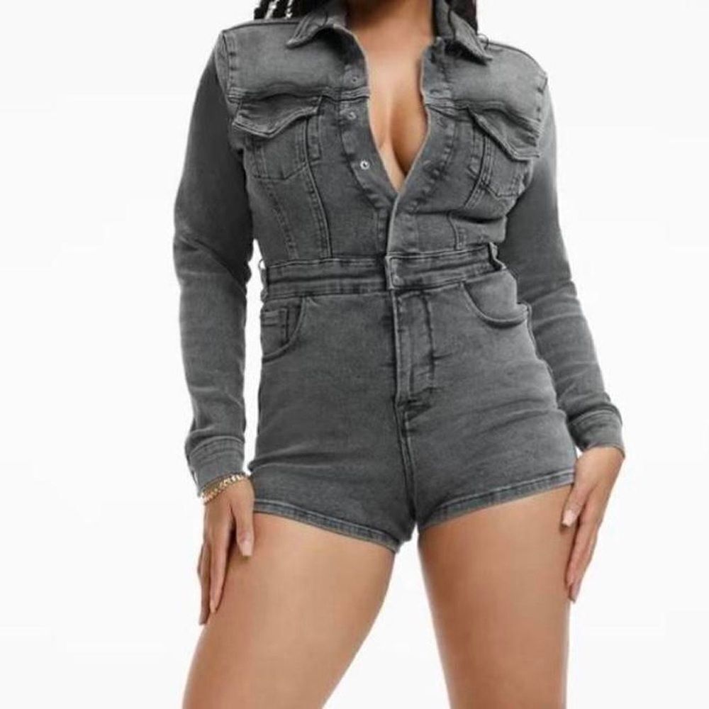 Good American Black Gray Denim Romper Jean Long Sleeve Collared One Piece Sze 2 - Picture 7 of 11
